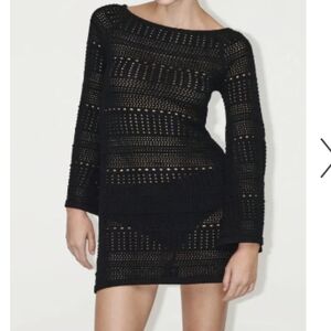 Zara Crochet Open Knit Long Sleeve Mini Dress In Black Sz S NWT
